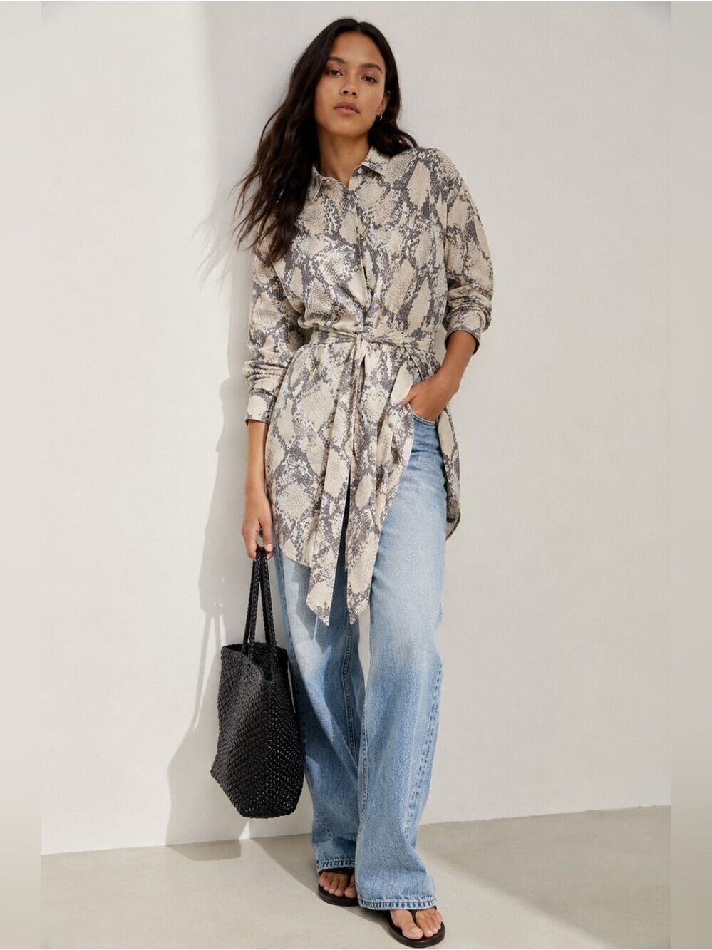 H&M Snake Print Tie Waist Shirt Dress Coverup Tunic Beige Gray Size Small